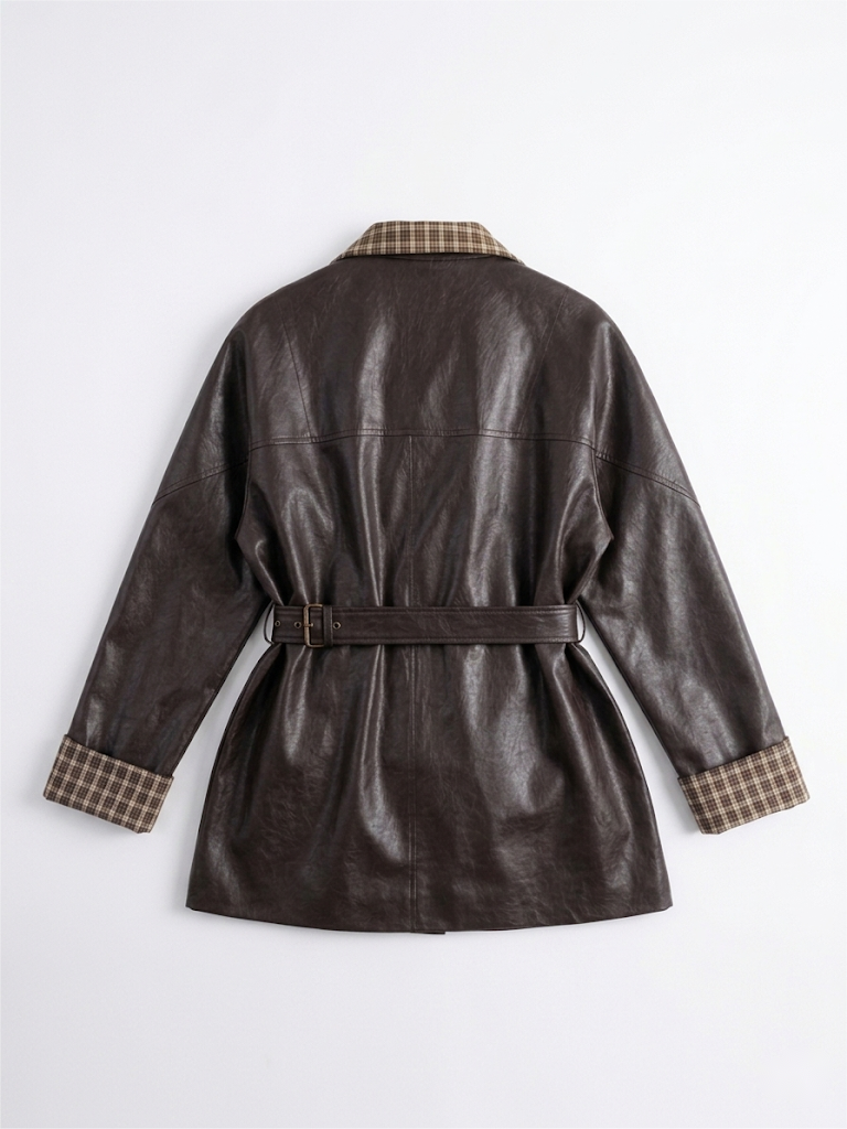 Plaid Contrast Vegan Leather Trench Coat