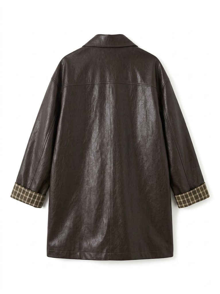 Sleeves Plaid Contrast Vegan Leather Coat