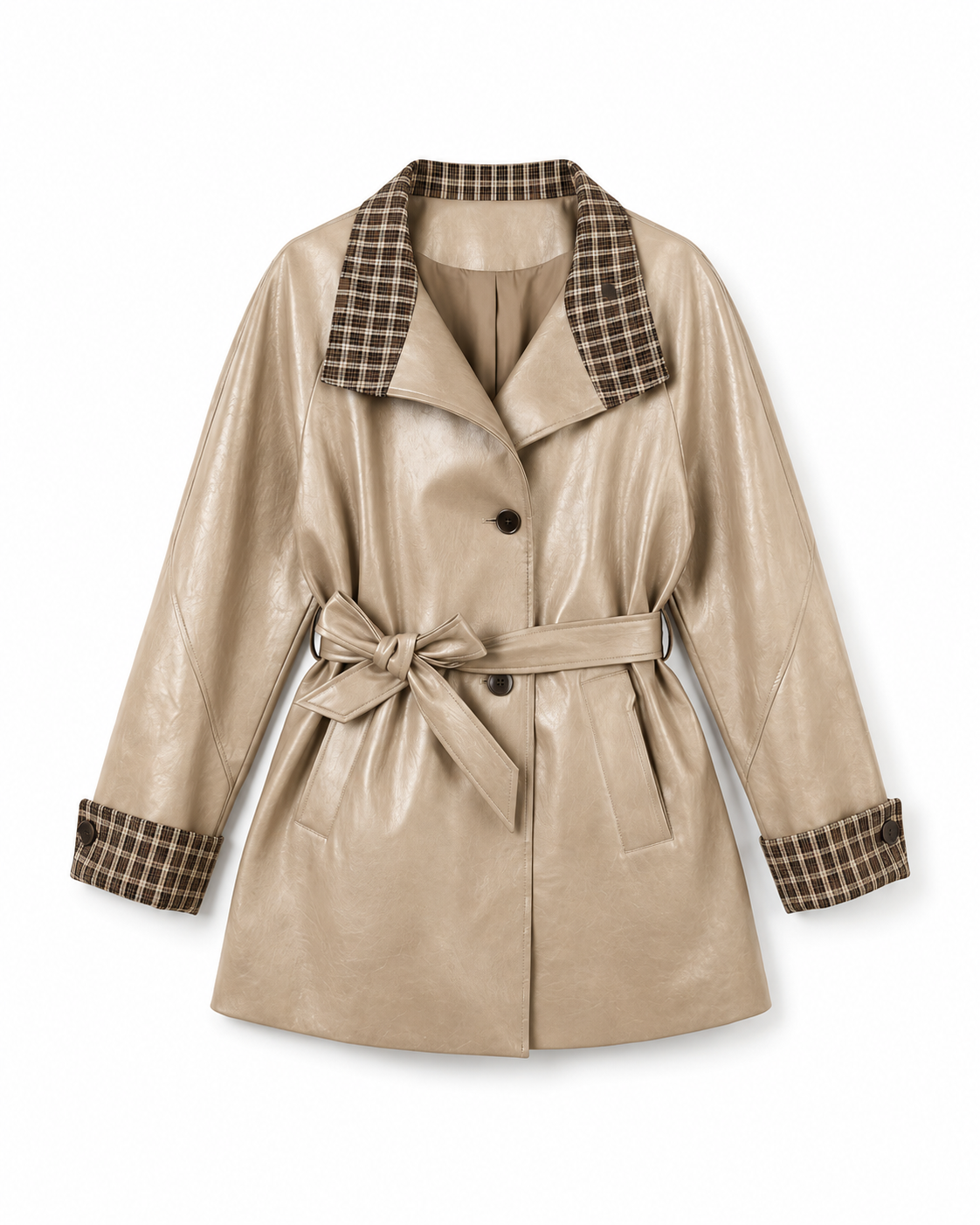 Plaid Contrast Vegan Leather Trench Coat