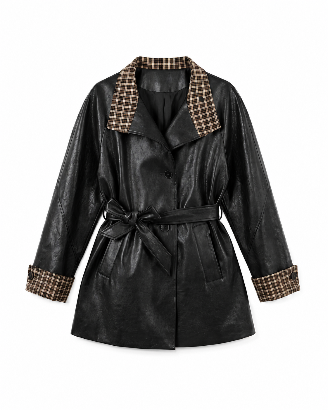 Plaid Contrast Vegan Leather Trench Coat