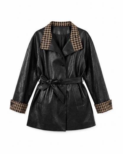 Plaid Contrast Vegan Leather Trench Coat