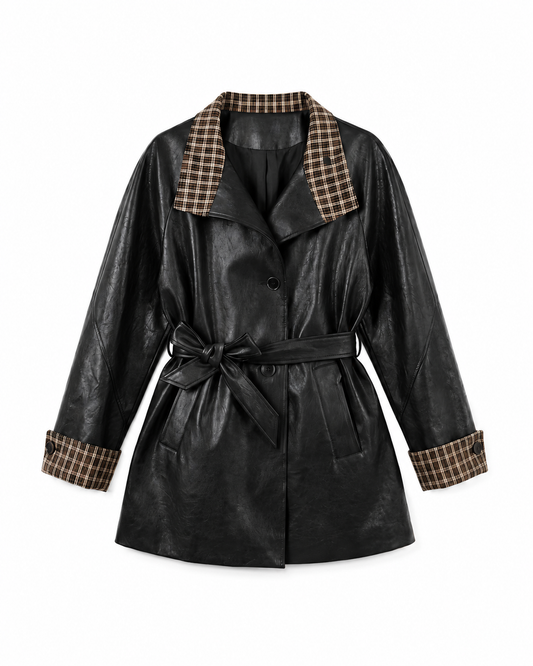 Plaid Contrast Vegan Leather Trench Coat