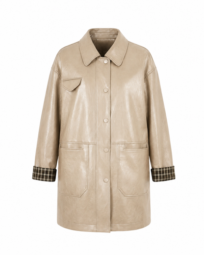 Sleeves Plaid Contrast Vegan Leather Coat