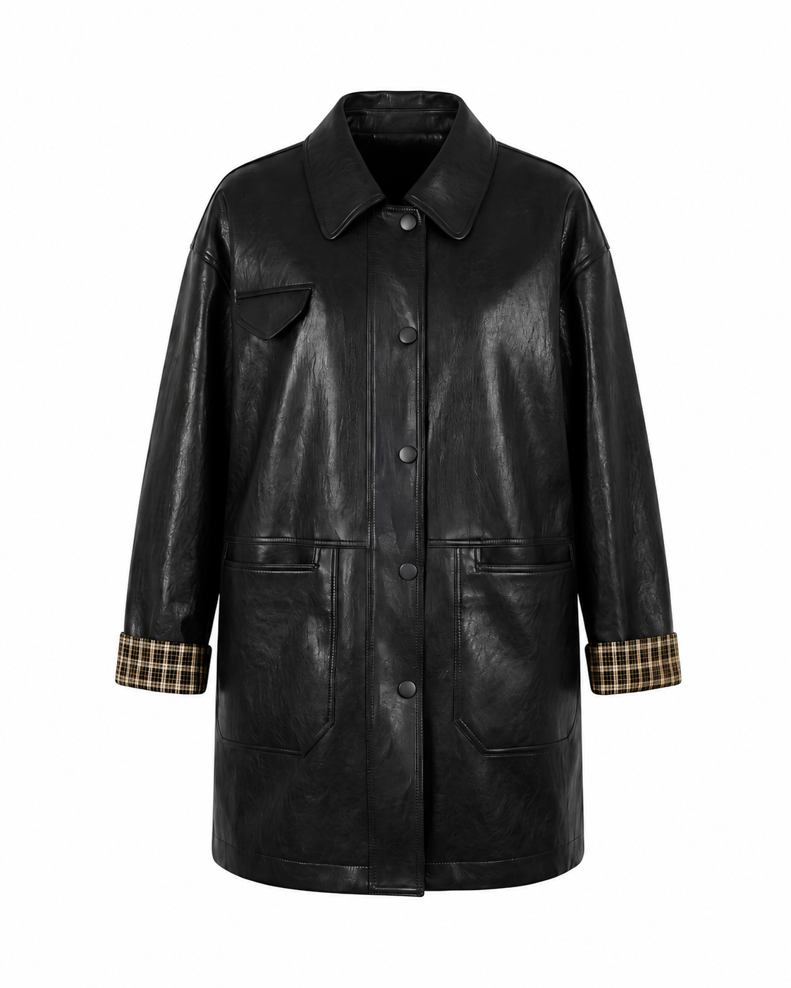 Sleeves Plaid Contrast Vegan Leather Coat