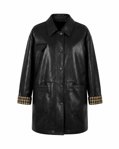 Sleeves Plaid Contrast Vegan Leather Coat
