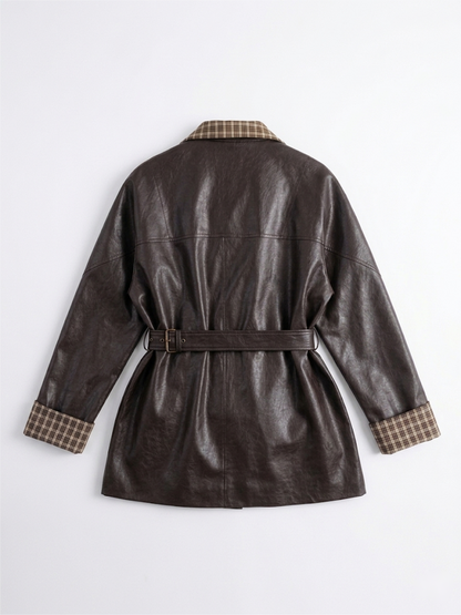 Plaid Contrast Vegan Leather Trench Coat
