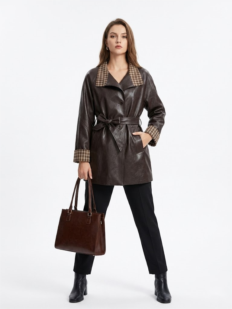 Plaid Contrast Vegan Leather Trench Coat