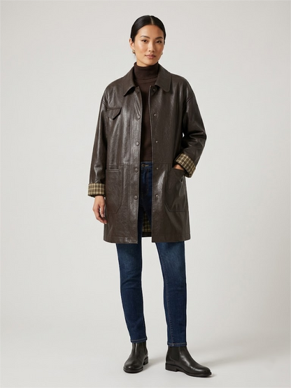 Sleeves Plaid Contrast Vegan Leather Coat