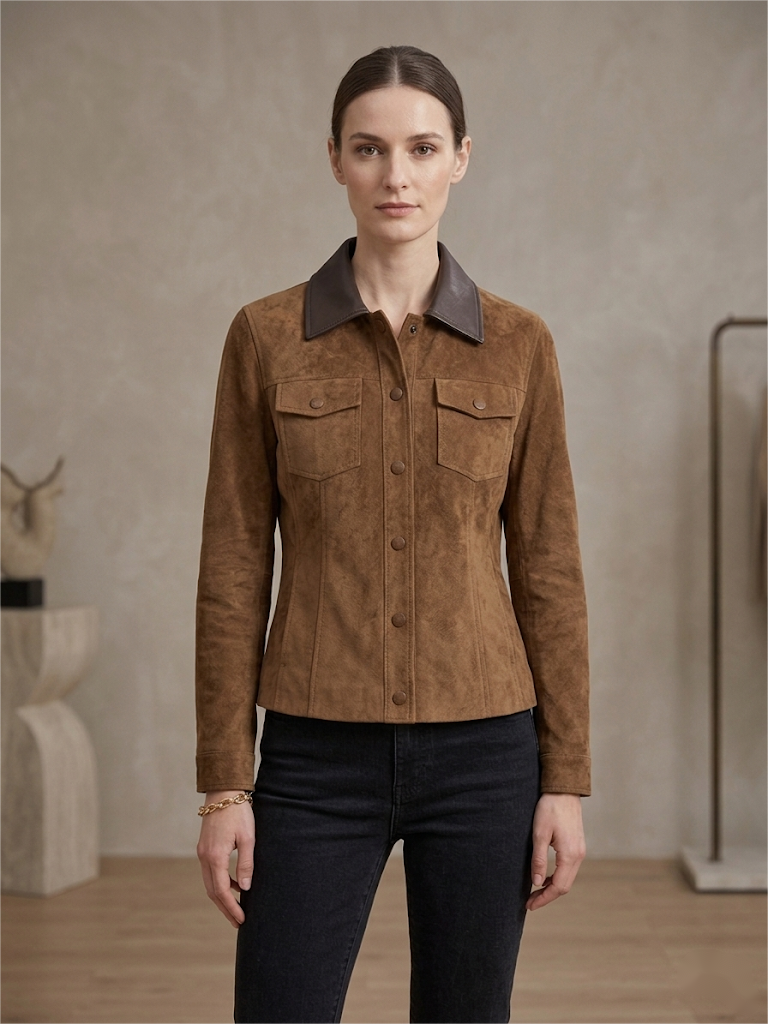 Vegan Leather Trimmed Suede Jacket