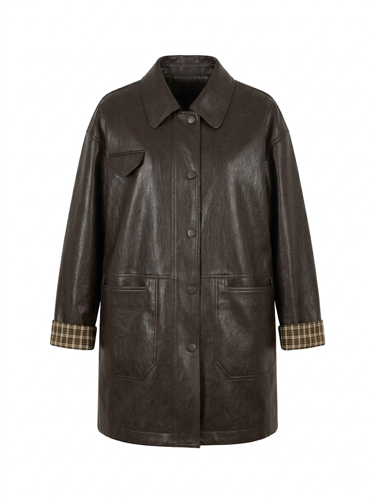 Sleeves Plaid Contrast Vegan Leather Coat