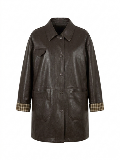 Sleeves Plaid Contrast Vegan Leather Coat