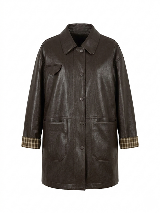 Sleeves Plaid Contrast Vegan Leather Coat