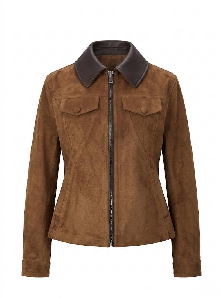 Vegan Leather Trimmed Suede Jacket