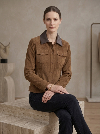 Vegan Leather Trimmed Suede Jacket