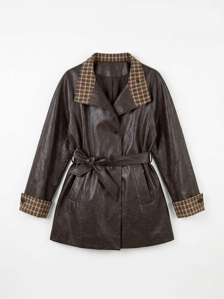 Plaid Contrast Vegan Leather Trench Coat