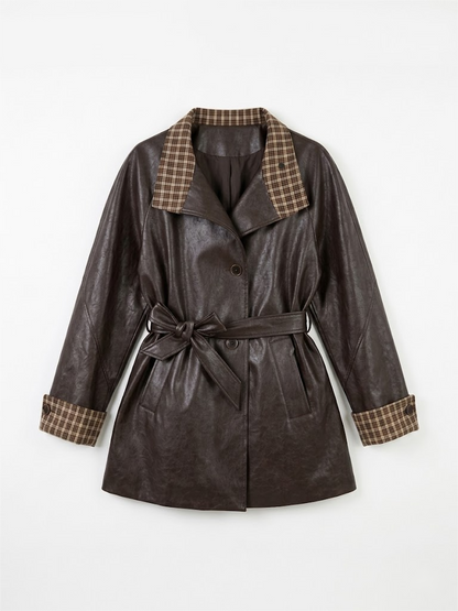 Plaid Contrast Vegan Leather Trench Coat
