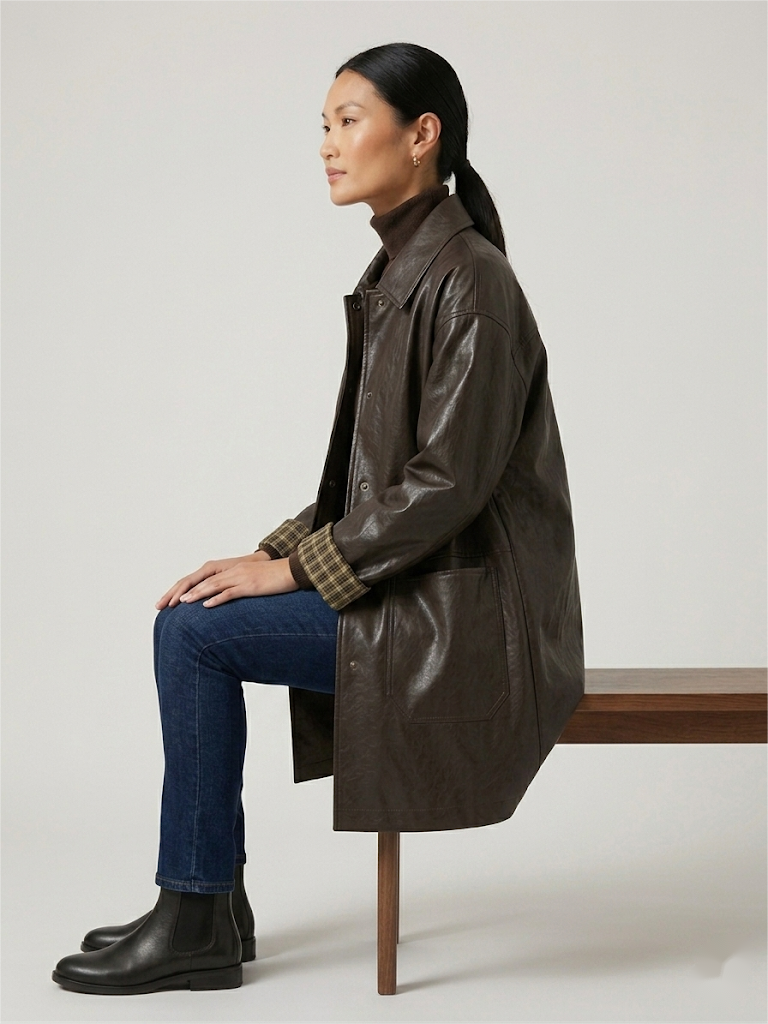 Sleeves Plaid Contrast Vegan Leather Coat