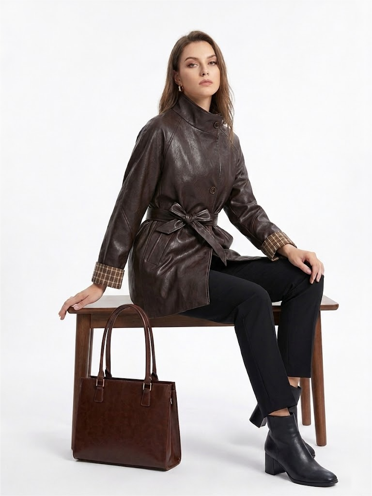 Plaid Contrast Vegan Leather Trench Coat