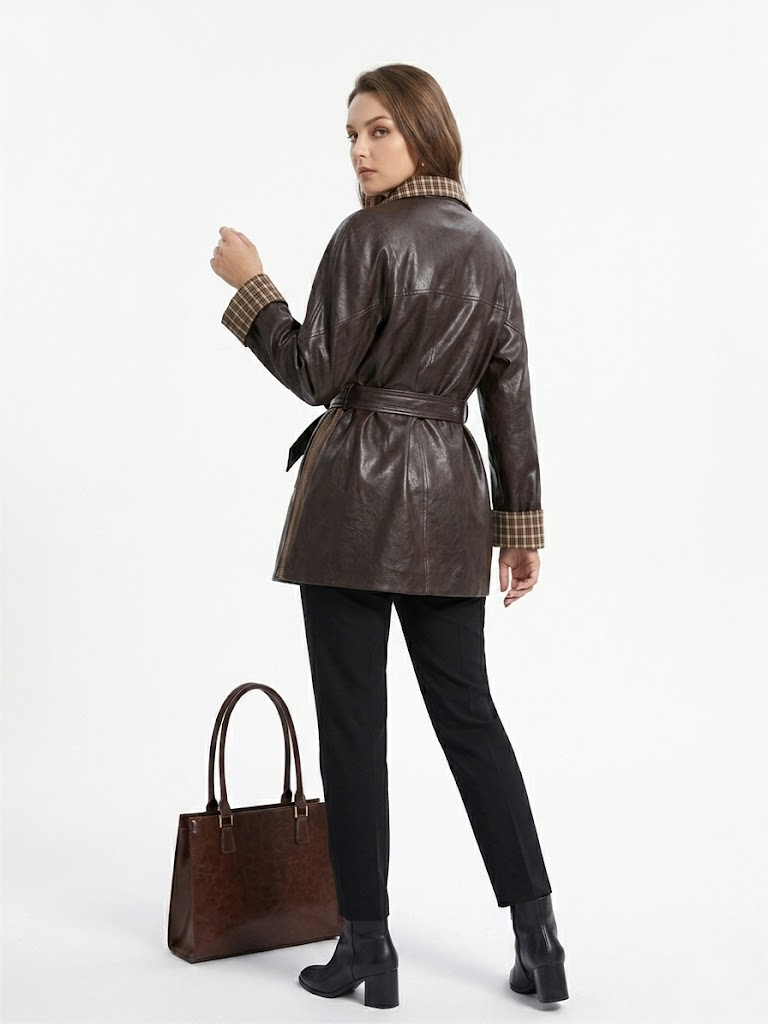 Plaid Contrast Vegan Leather Trench Coat