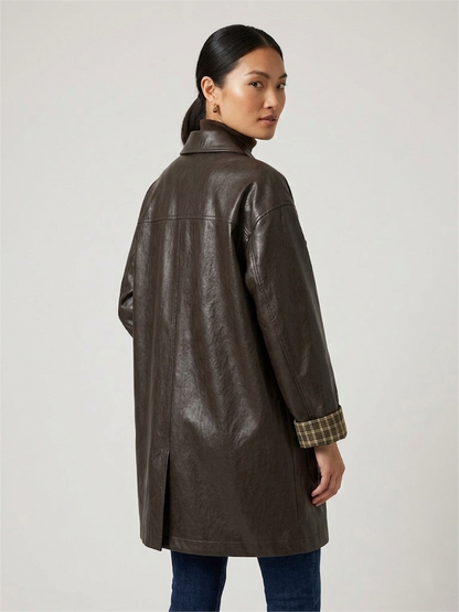 Sleeves Plaid Contrast Vegan Leather Coat