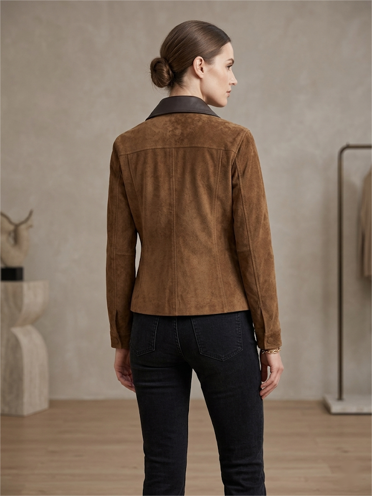 Vegan Leather Trimmed Suede Jacket